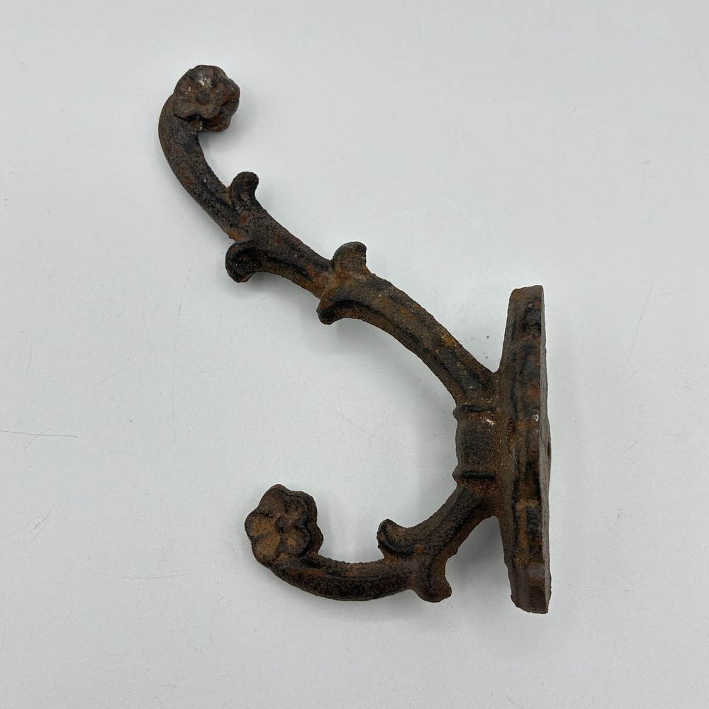 Antique Cast Iron Double Coat Hook Ornate Scrollwork Rustic Architectural